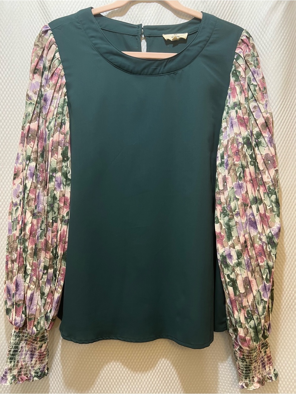 entro Teal Green Blouse with Floral Pleated Sleeves